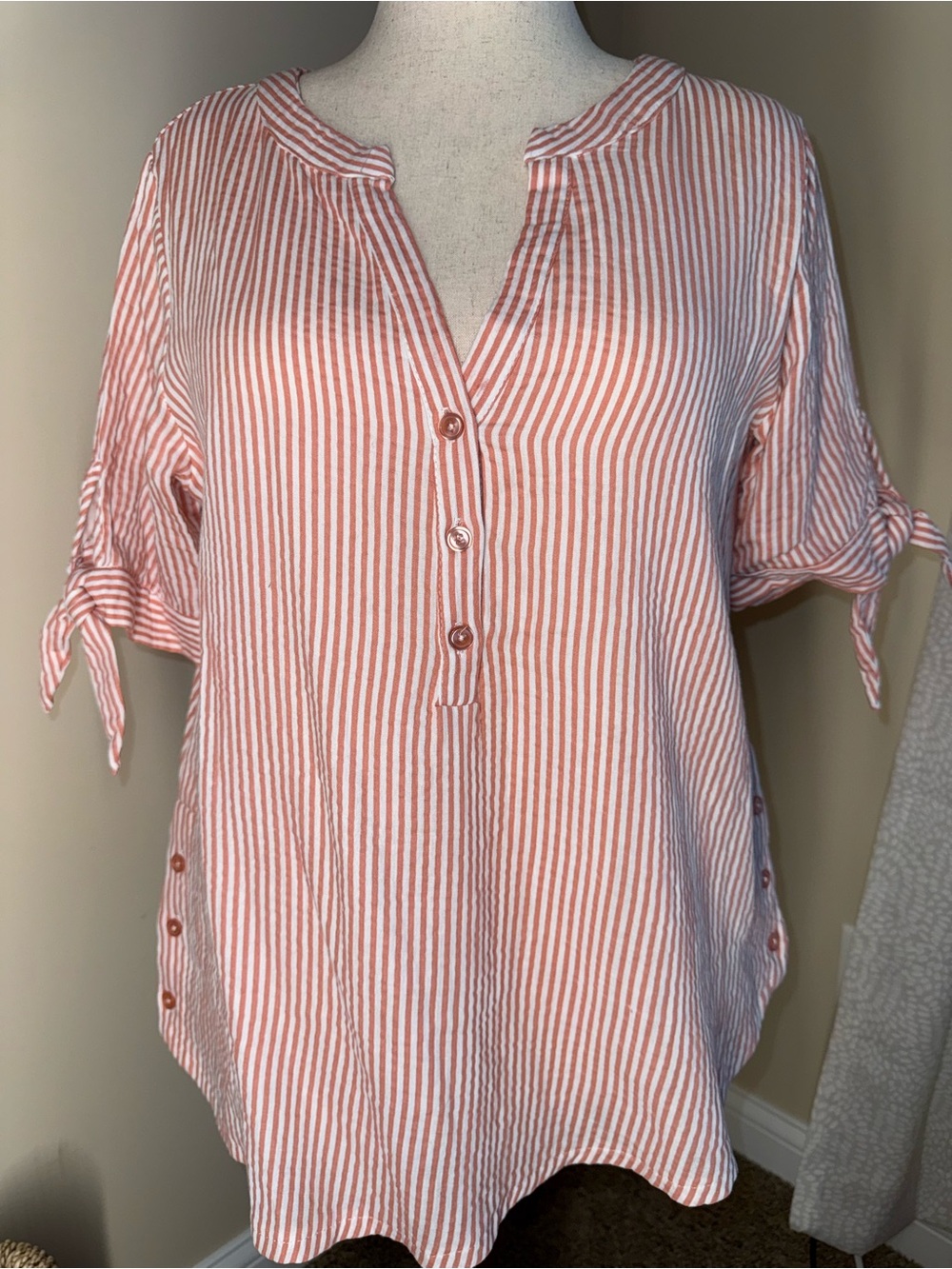 Kaktus Pink and White Striped Tie-Sleeve Henley Tunic
